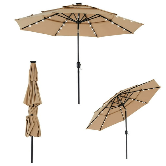 Gianna 10FT 3-Tier Solar Patio Umbrella with 32 LED Lights, Outdoor Umbrellas with Push Button Tilt and Crank,Khaki