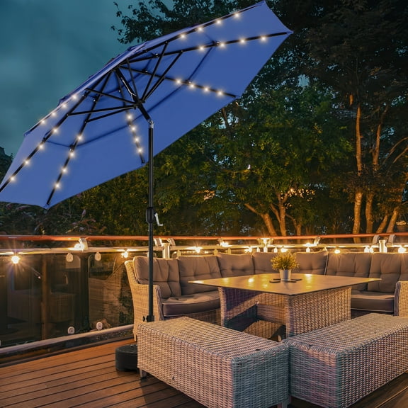 EDX 10ft 3-Tier Solar Patio Umbrella with 32 LED Lights, Outdoor Umbrellas with Push Button Tilt and Crank,Navy Blue