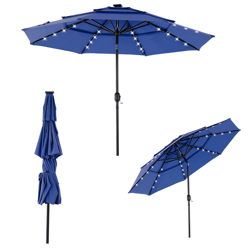 Gianna 10FT 3-Tier Solar Patio Umbrella with 32 LED Lights, Outdoor Umbrellas with Push Button Tilt and Crank,Navy Blue