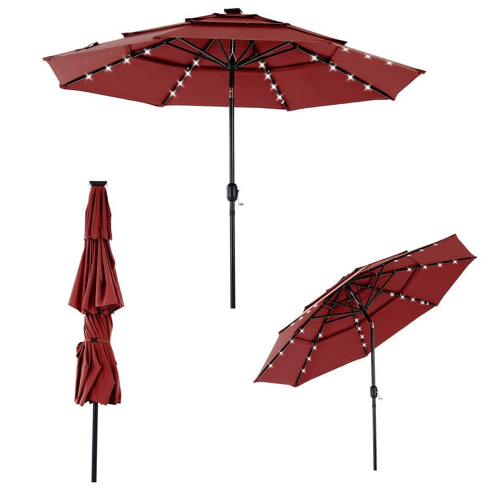 Gianna 10FT 3-Tier Solar Patio Umbrella with 32 LED Lights, Outdoor Umbrellas with Push Button Tilt and Crank,Red