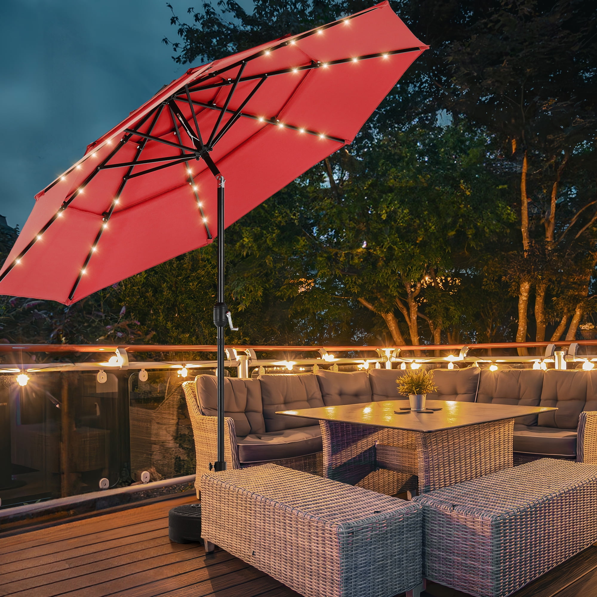 Gianna 10ft 3-Tier Solar Patio Umbrella with 32 LED Lights, Outdoor Umbrellas with Push Button Tilt and Crank,Red Gianna 10ft 3-Tier Solar Patio Umbrella with 32 LED Lights, Outdoor Umbrellas with Push Button Tilt and Crank,Red
