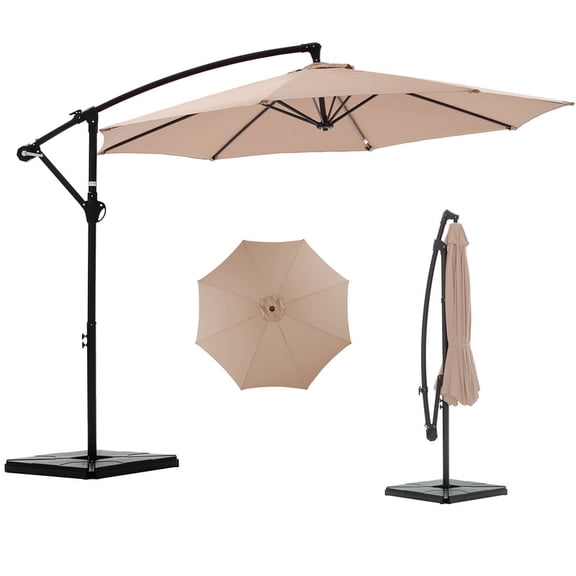 Gianna 10ft Offset Hanging Outdoor Patio Umbrella with Base Stand Rotate and Tilt, 8 Ribs, UV Protection for Pool Garden Backyard Market, Khaki