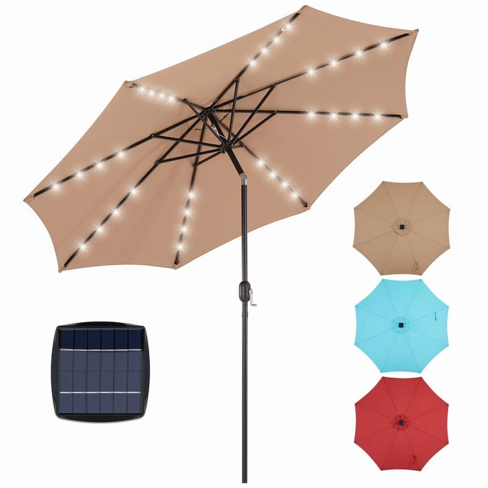 Gianna 10ft Solar Polyester 32 LED Lighted Patio Umbrella with Tilt Adjustment and UV-Resistant Fabric,Khaki-1