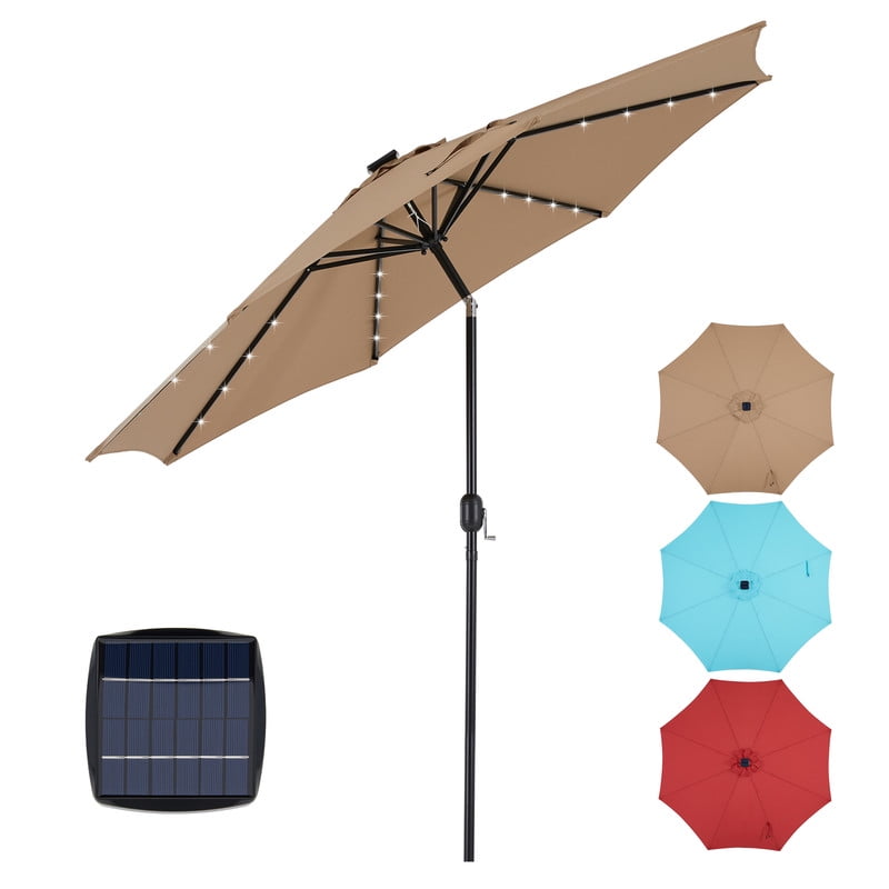 Gianna 10ft Solar Polyester 32 LED Lighted Patio Umbrella with Tilt Adjustment and UV-Resistant Fabric,Khaki