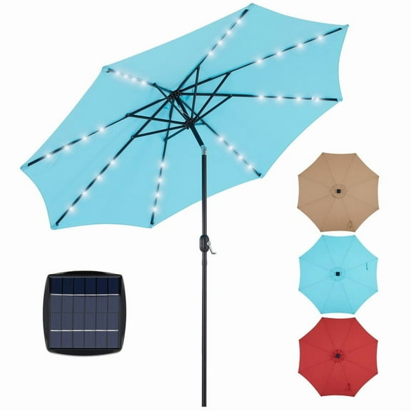 Gianna 10ft Solar Polyester 32 LED Lighted Patio Umbrella with Tilt Adjustment and UV-Resistant Fabric,Lake Blue-1