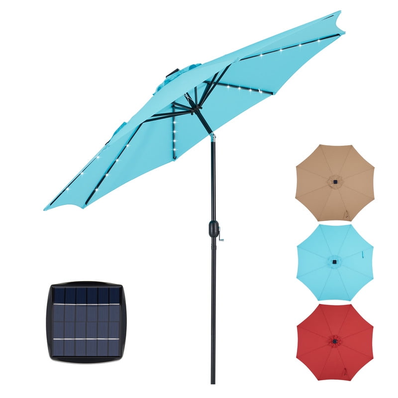 Gianna 10ft Solar Polyester 32 LED Lighted Patio Umbrella with Tilt Adjustment and UV-Resistant Fabric,Lake Blue