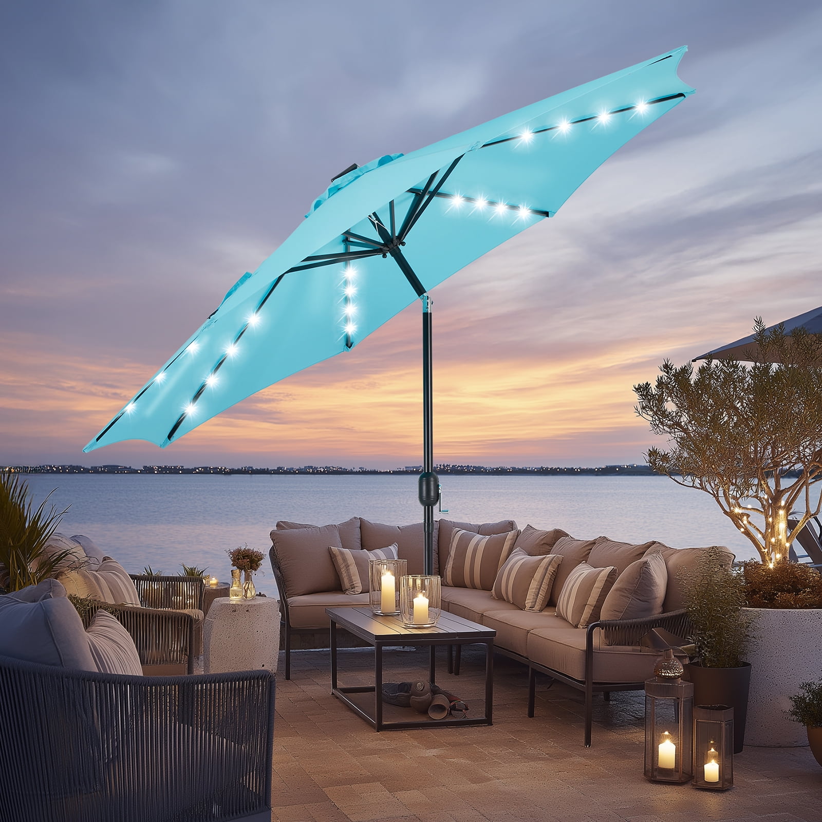 EDX 10ft Solar Polyester 32 LED Lighted Patio Umbrella with Tilt Adjustment and UV-Resistant Fabric,Lake Blue