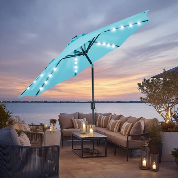 EDX 10ft Solar Polyester 32 LED Lighted Patio Umbrella with Tilt Adjustment and UV-Resistant Fabric,Lake Blue