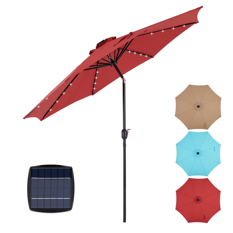 Gianna 10ft Solar Polyester 32 LED Lighted Patio Umbrella with Tilt Adjustment and UV-Resistant Fabric,Red