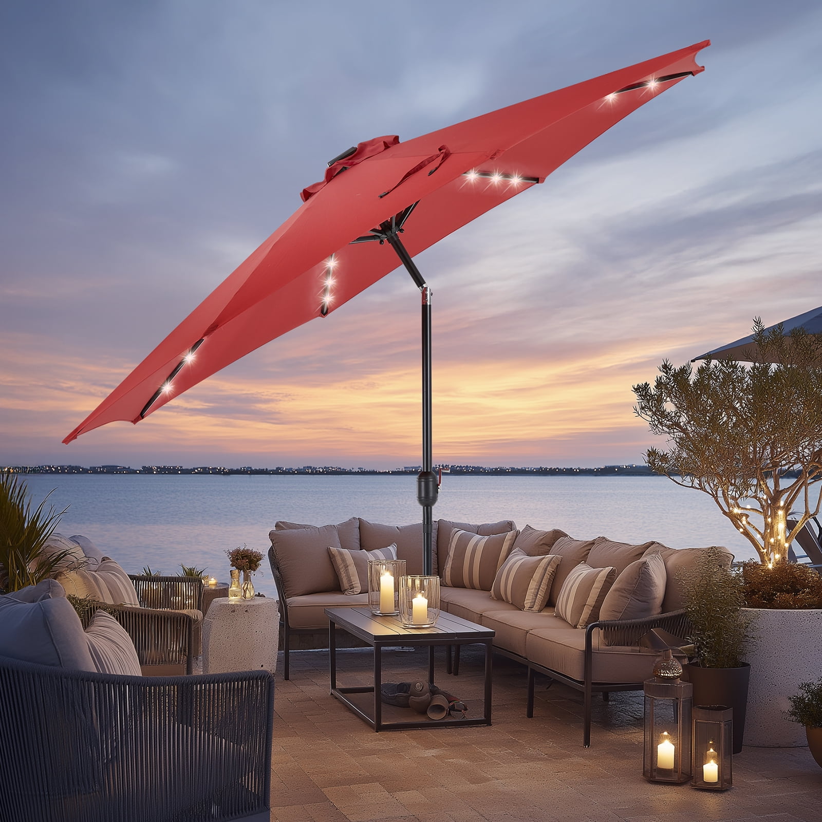 Edx 10ft Solar Polyester 32 LED Lighted Patio Umbrella with Tilt Adjustment and UV-Resistant Fabric,Red