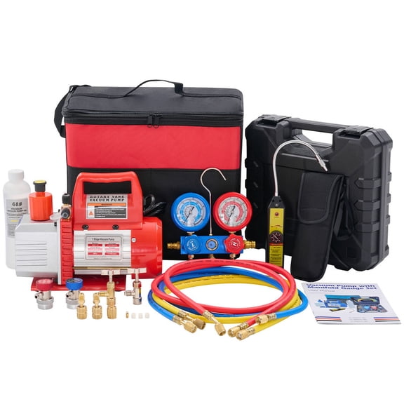 Gianna 110V 1/3 HP 4CFM Single Stage Vacuum Pump Kit with R134a Manifold Gauge Set, Leak Detector, 1/4" Hoses & Carry Bag for HVAC AC Refrigeration, ETL Listed (Red)