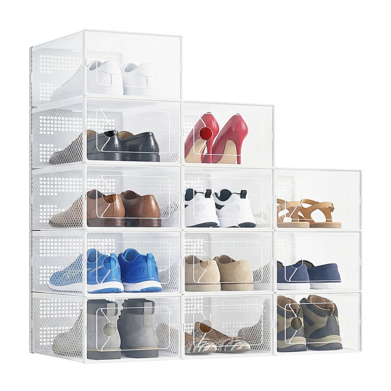 Gianna 12 Pack Stackable Shoe Box , Plastic Storage Organizer for Closet Hallway Bedroom, Holds Shoes up to US Size 9，White