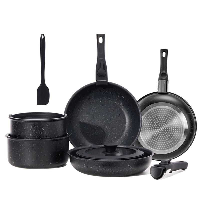 Gianna 12 Pcs Non-Stick Cookware Set, Pots and Pans Set, with Spatula & Detachable Handle for Kitchen, Black