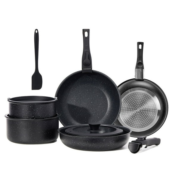 Gianna 12 Pcs Non-Stick Cookware Set, Pots and Pans Set, with Spatula & Detachable Handle for Kitchen, Black