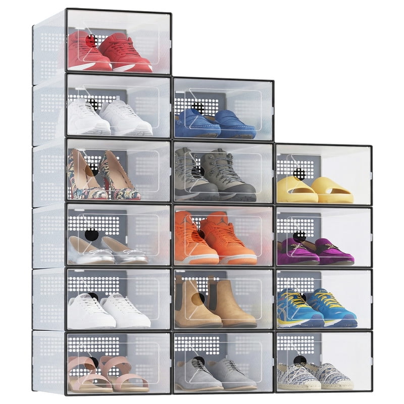 Gianna 15 Pack Stackable Shoe Box , Plastic Storage Organizer for Closet Hallway Bedroom, Holds Shoes up to US Size 11，Black