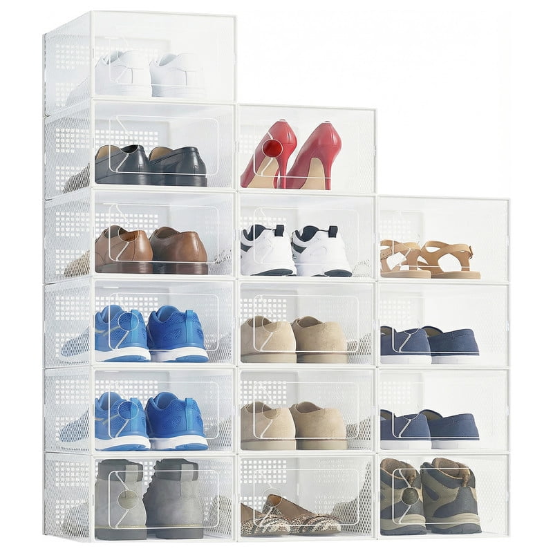 Gianna 15 Pack Stackable Shoe Box , Plastic Storage Organizer for Closet Hallway Bedroom, Holds Shoes up to US Size 9，White
