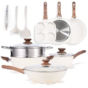 Gianna 17 Pcs Non-Stick Pots and Pans, Non-toxic Kitchen Cooking Set with Stay-Cool Handles, Beige