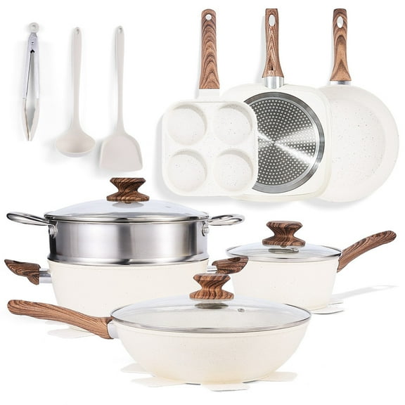 Gianna 17 Pcs Non-Stick Pots and Pans, Non-toxic Kitchen Cooking Set with Stay-Cool Handles, Beige