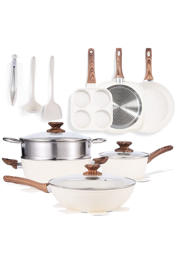 17 Pcs Non-Stick Pots and Pans, Non-toxic Kitchen Cooking Set with Stay-Cool Handles, Beige