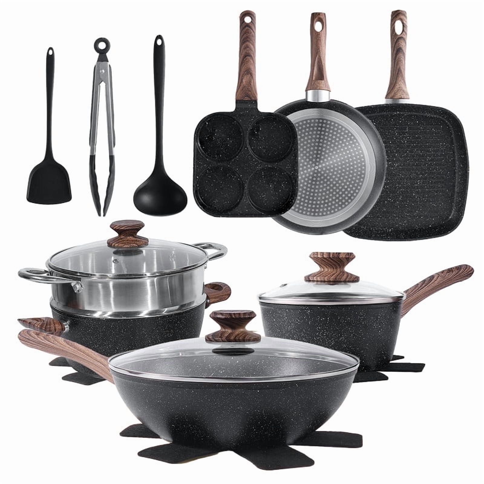 Gianna 17 Pcs Non-Stick Pots and Pans, Non-toxic Kitchen Cooking Set with Stay-Cool Handles, Black