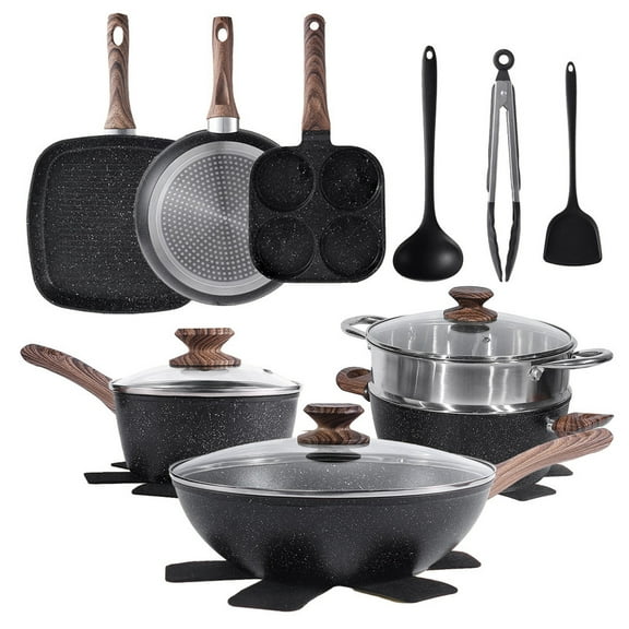 Gianna 17 Pcs Nonstick Pots and Pans, Non-toxic Kitchen Cooking Set with Stay-Cool Handles, Black