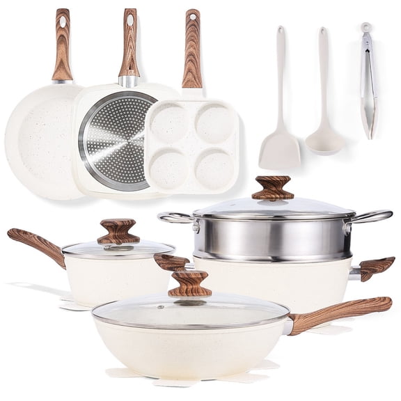Gianna 17 Pcs Nonstick Pots and Pans, Non-toxic Kitchen Cooking Set with Stay-Cool Handles, White