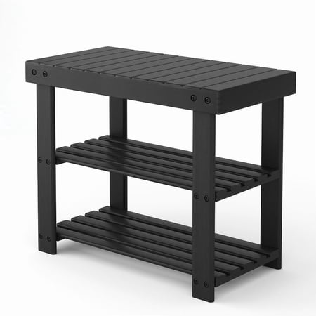Gianna 19.7 Inch Shoe Rack Bench, 3 Tier Bamboo Shoe Organizer, Entryway Storage Bench with Seat, Sturdy Shoe Shelf for Living Room, Bathroom, Black