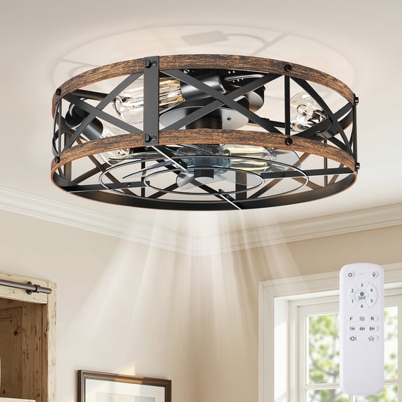 Gianna 19 Inch Ceiling Fans with Lights, Caged Ceiling Fan with Remote, Farmhouse Low Profile Fandelier, Flush Mount for Living Room Bedroom,6 Wind Speeds, Gold