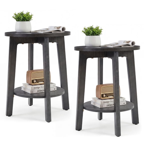 Gianna 2 Pack 2-Tier Round Side Table with Tapered Legs, Small End Table for Living Room & Bedroom,Gray