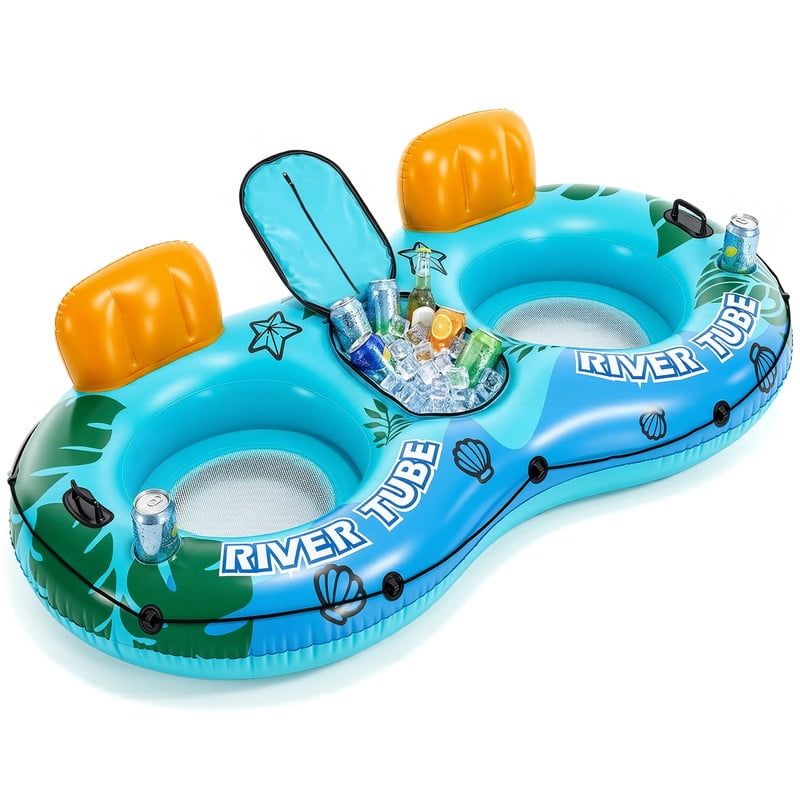 Gianna 2 Person Inflatable River Float with Removable Cooler and 2 Cup Holders, Supportive Backrest, Durable Handles, Heavy Duty Lake Pool Tube with GRAP Rope，Blue and Green