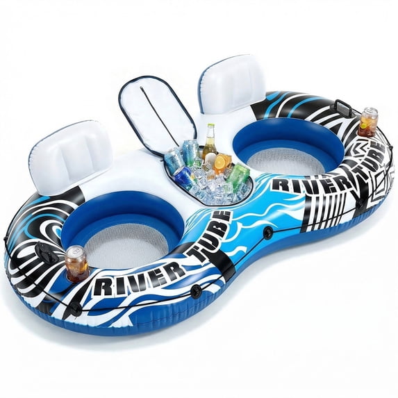 Gianna 2 Person Inflatable River Float with Removable Cooler and 2 Cup Holders, Supportive Backrest, Durable Handles, Heavy Duty Lake Pool Tube with GRAP Rope,Blue and White