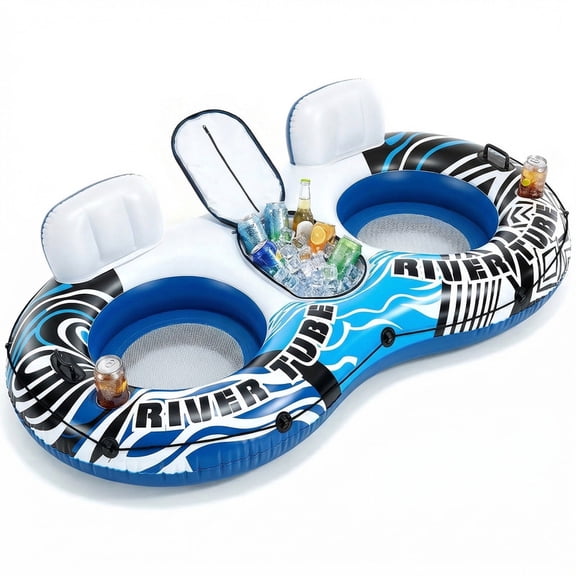 Gianna 2 Person Inflatable River Float with Removable Cooler and 2 Cup Holders, Supportive Backrest, Durable Handles, Heavy Duty Lake Pool Tube with GRAP Rope,Blue and White