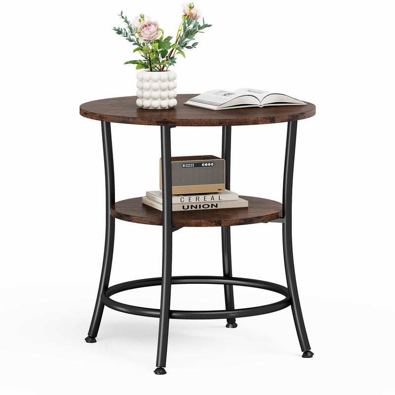Gianna 2-Tier Round Side Table，Space-Saving End Table for Small Living Room & Bedroom，Rust Brown