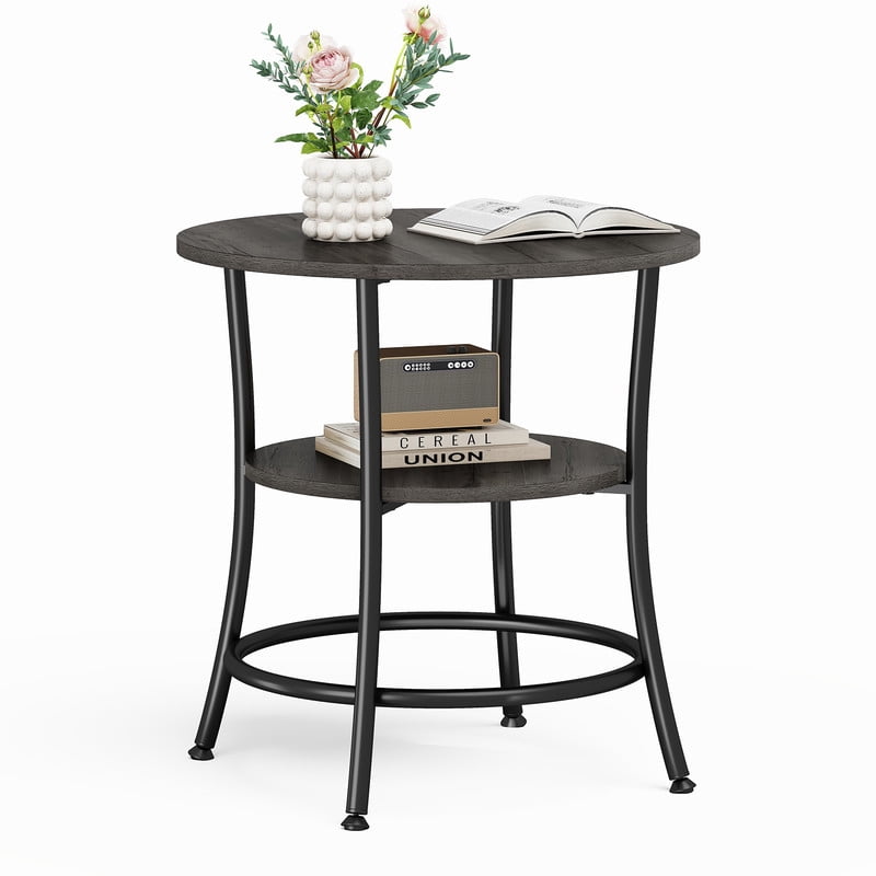 Gianna 2-Tier Round Side Table，Space-Saving End Table for Small Living Room & Bedroom，Wood Grain Gray