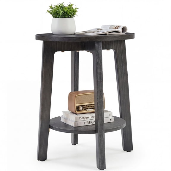 Gianna 2-Tier Round Side Table with Tapered Legs, Small End Table for Living Room & Bedroom,Gray