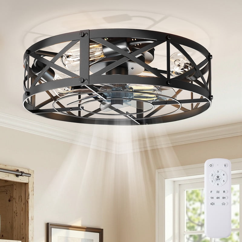 Gianna 22 Inch Ceiling Fans with Lights, Caged Ceiling Fan with Remote, Farmhouse Low Profile Fandelier, Flush Mount for Living Room Bedroom,6 Wind Speeds, Black