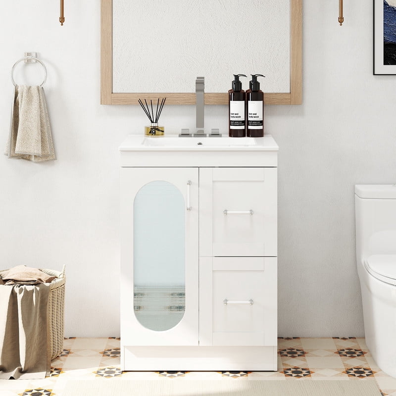 Gianna 24" Modern Bathroom Vanity with Ceramic Basin, Undermount Vanity Sink Cabinet with 1 Door and 2 Drawers, Free Standing Bathroom Storage Cabinet with Sink Combo Set, White