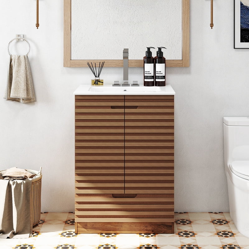 Gianna 24" Modern Bathroom Vanity with Ceramic Basin, Undermount Vanity Sink Cabinet with 2 Doors and 1 Drawer, Free Standing Bathroom Storage Cabinet with Sink Combo Set, Rustic