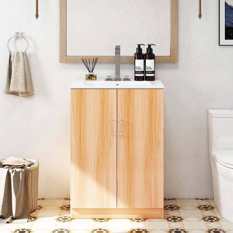 Gianna 24" Modern Bathroom Vanity with Ceramic Basin, Undermount Vanity Sink Cabinet with 2 Doors and 1 Inner Drawer, Free Standing Bathroom Storage Cabinet with Sink Combo Set, Wood