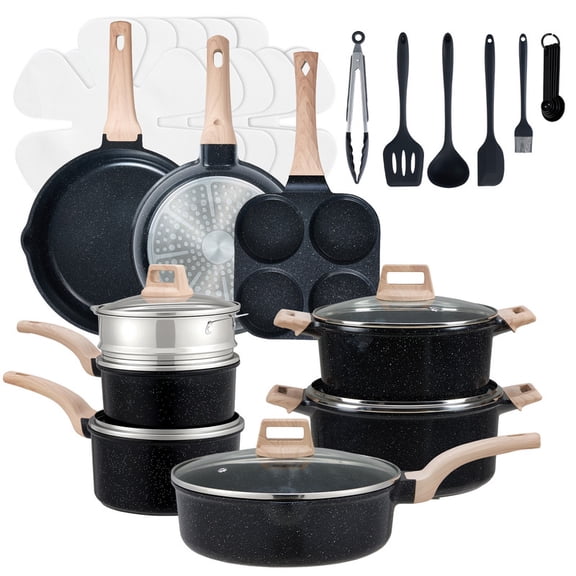 Gianna 25 Pcs Non-Stick Pots and Pans, Non-toxic Kitchen Cooking Set with Stay-Cool Handles, Black