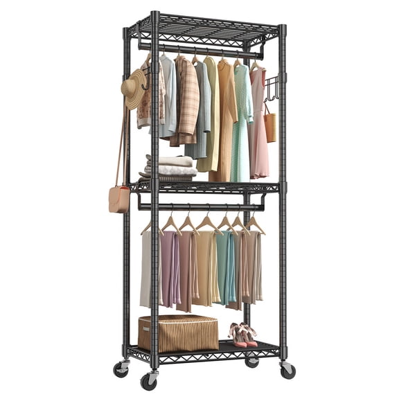 Gianna 29.5 Inch Rolling Clothes Rack, Adjustable Metal Shelves, Heavy Duty Clothes Rack with Side Hooks for Household, Laundry Room, Black