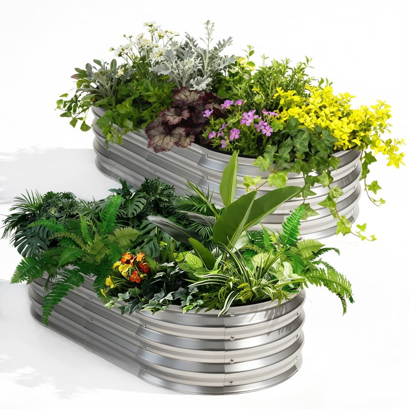 Gianna 2Pcs 4x2x1ft Galvanized Metal Raised Garden Bed,Oval Planter Box Outdoor, Silvery