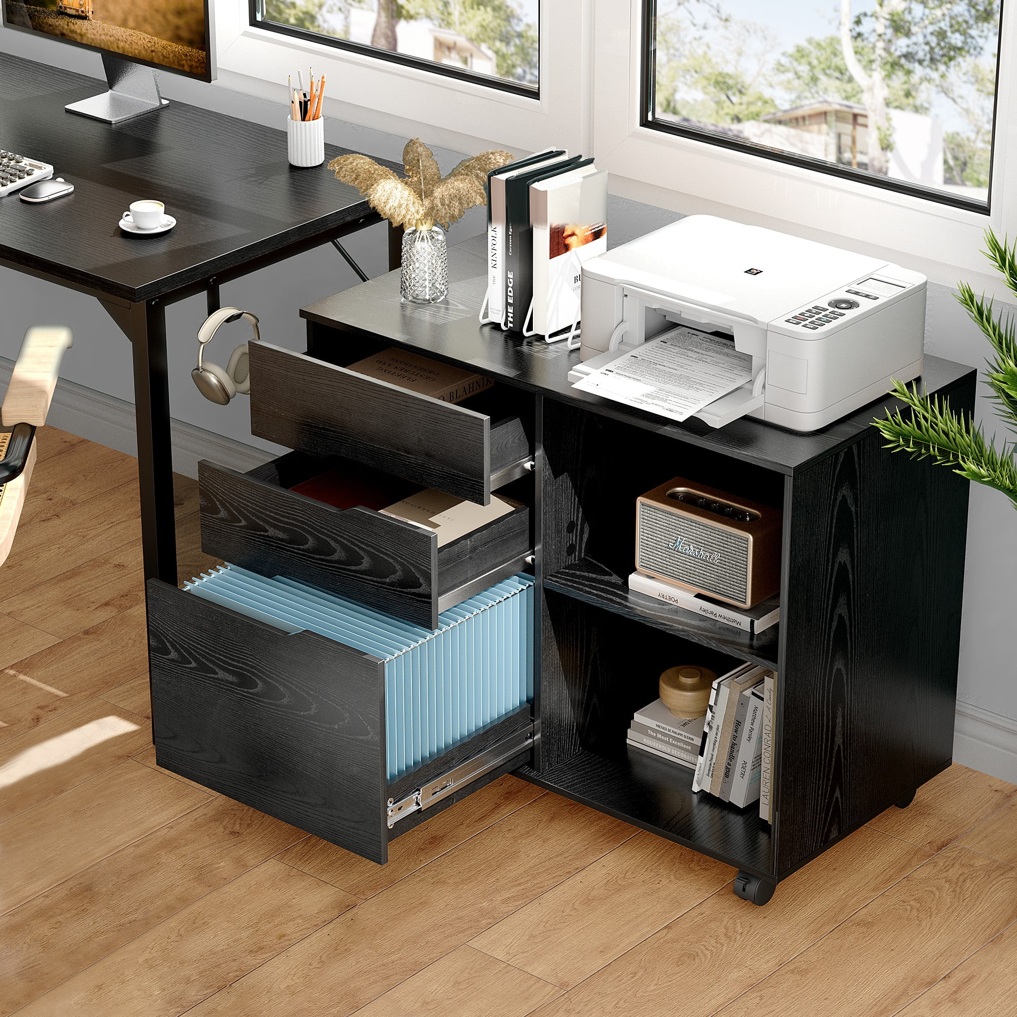 Gianna 3-Drawer File Cabinet with Wheels, Rolling Wood Printer Stand with Open Storage Shelves for Home Office, Black