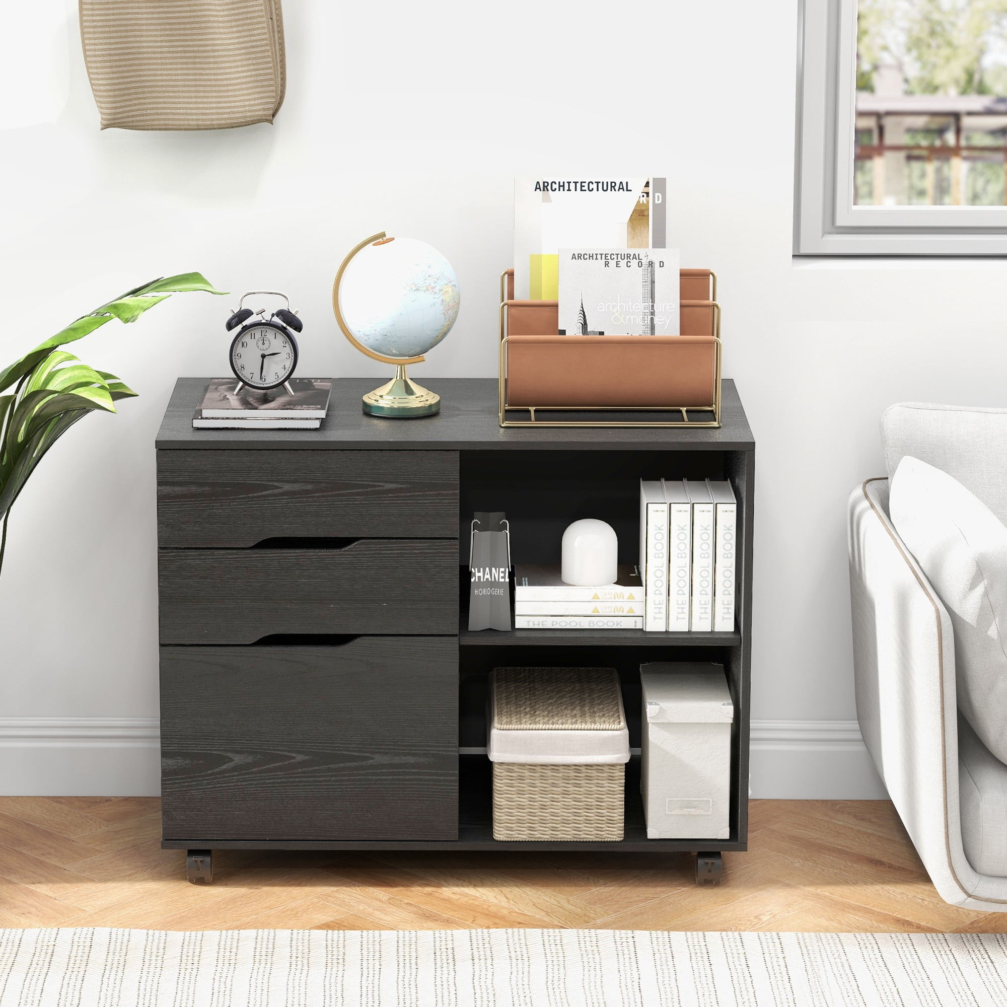 Gianna 3 Drawer File Cabinet with Wheels and Open Storage Shelves for Home Office, Black