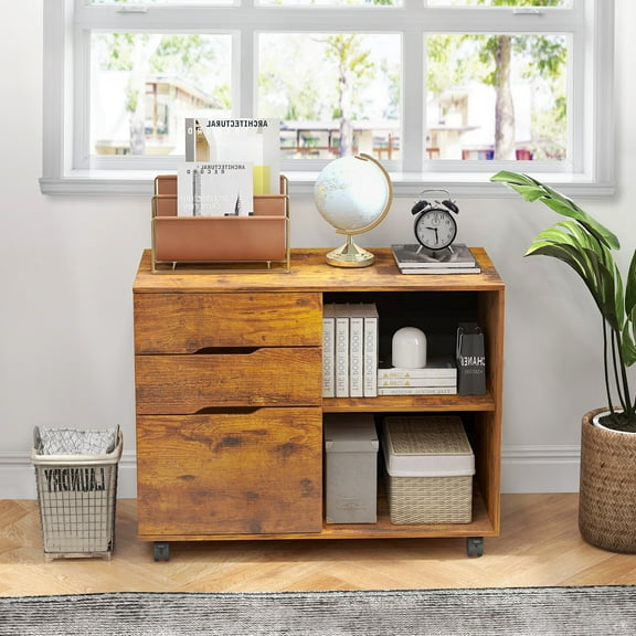 Gianna 3 Drawer File Cabinet with Wheels and Open Storage Shelves for Home Office, Rustic Brown