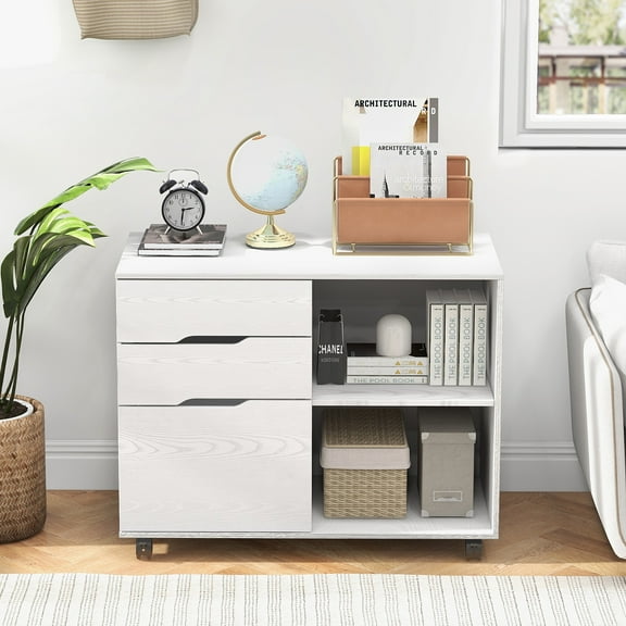 Gianna 3 Drawer File Cabinet with Wheels and Open Storage Shelves for Home Office, White