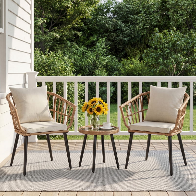 Gianna 3 Piece Outdoor Patio Furniture Set, Wicker Bistro Chairs with Glass Top Table for Apartment Balcony, Small Backyard, Porch and Deck, Beige