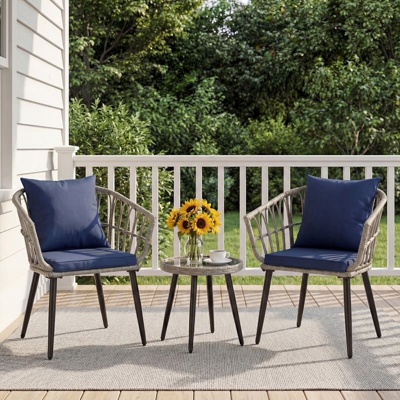 Gianna 3 Piece Outdoor Patio Furniture Set, Wicker Bistro Chairs with Glass Top Table for Apartment Balcony, Small Backyard, Porch and Deck, Gray