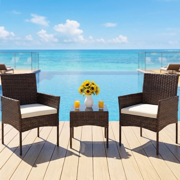 Gianna 3-Piece Patio Furniture Set, Outdoor Wicker Rattan Chairs with Removable Cushion & Glass Table, Conversation Furniture for Porch, Garden, Backyard, Poolside - Brown