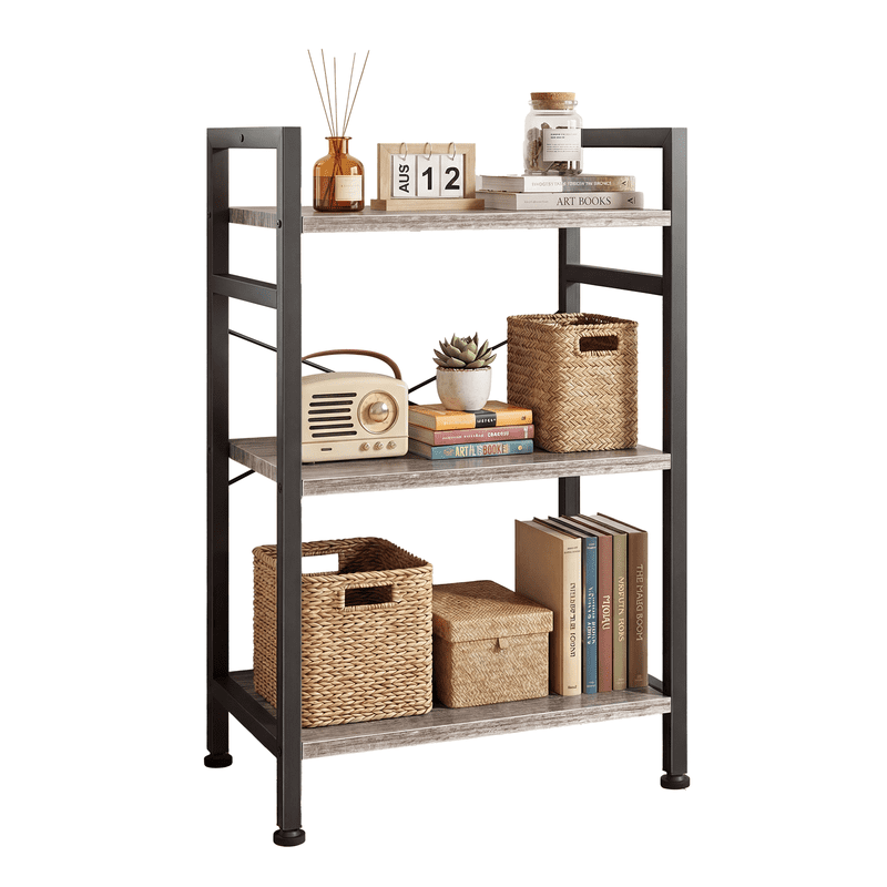 Gianna 3 Tier Bookshelf, Free Standing Shelf, Bookcase Shelf Storage Organizer, Industrial Book Shelves for Home Office, Living Room, Kitchen, Gray